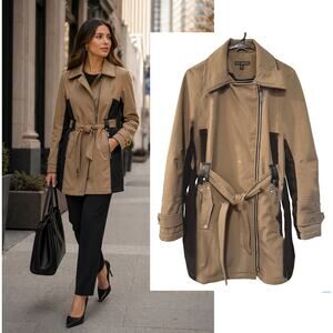 Via Spiga x Nordstrom $198 Belted Trench Coat Rain Jacket Longline Tan Black M